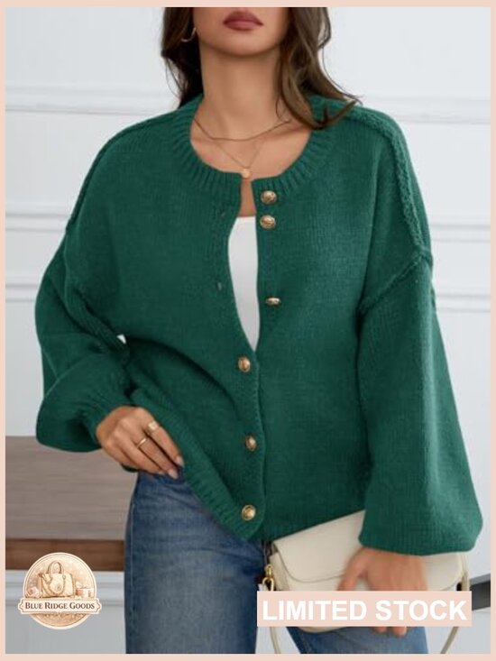 Oversized Chunky Knit Cardigan Lantern Sleeve Button Up Soft Cozy Fall Sweater - Picture 3 of 7